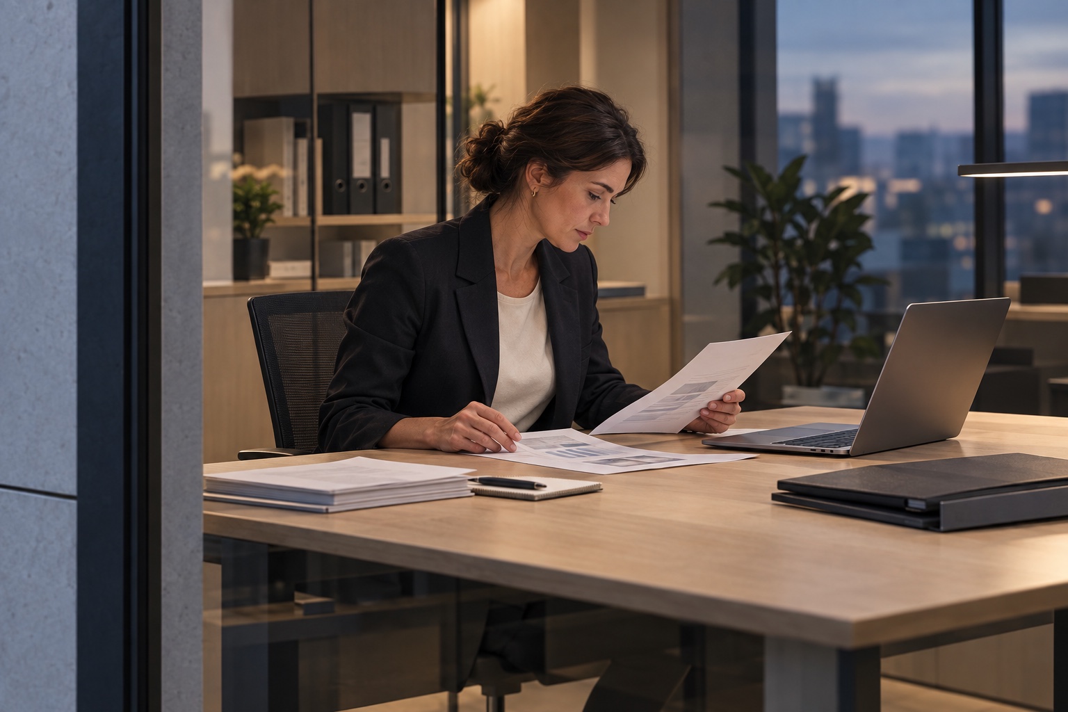 An employee compares printed documents by hand at her desk.