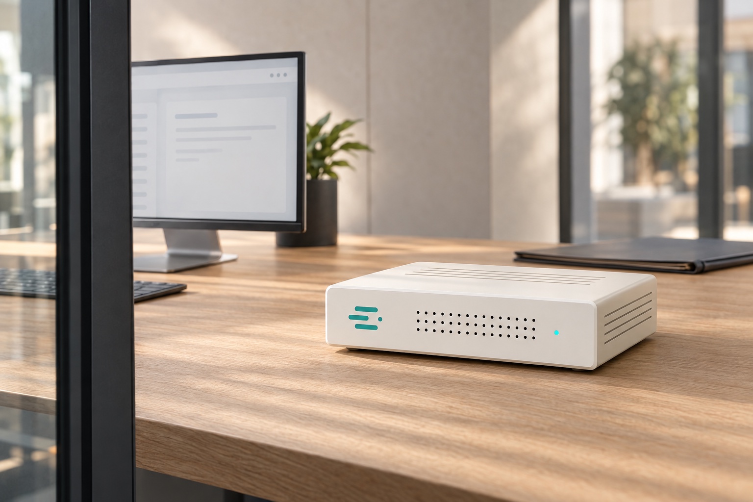 KI Box sits on an office desk beside a monitor, inside the company.