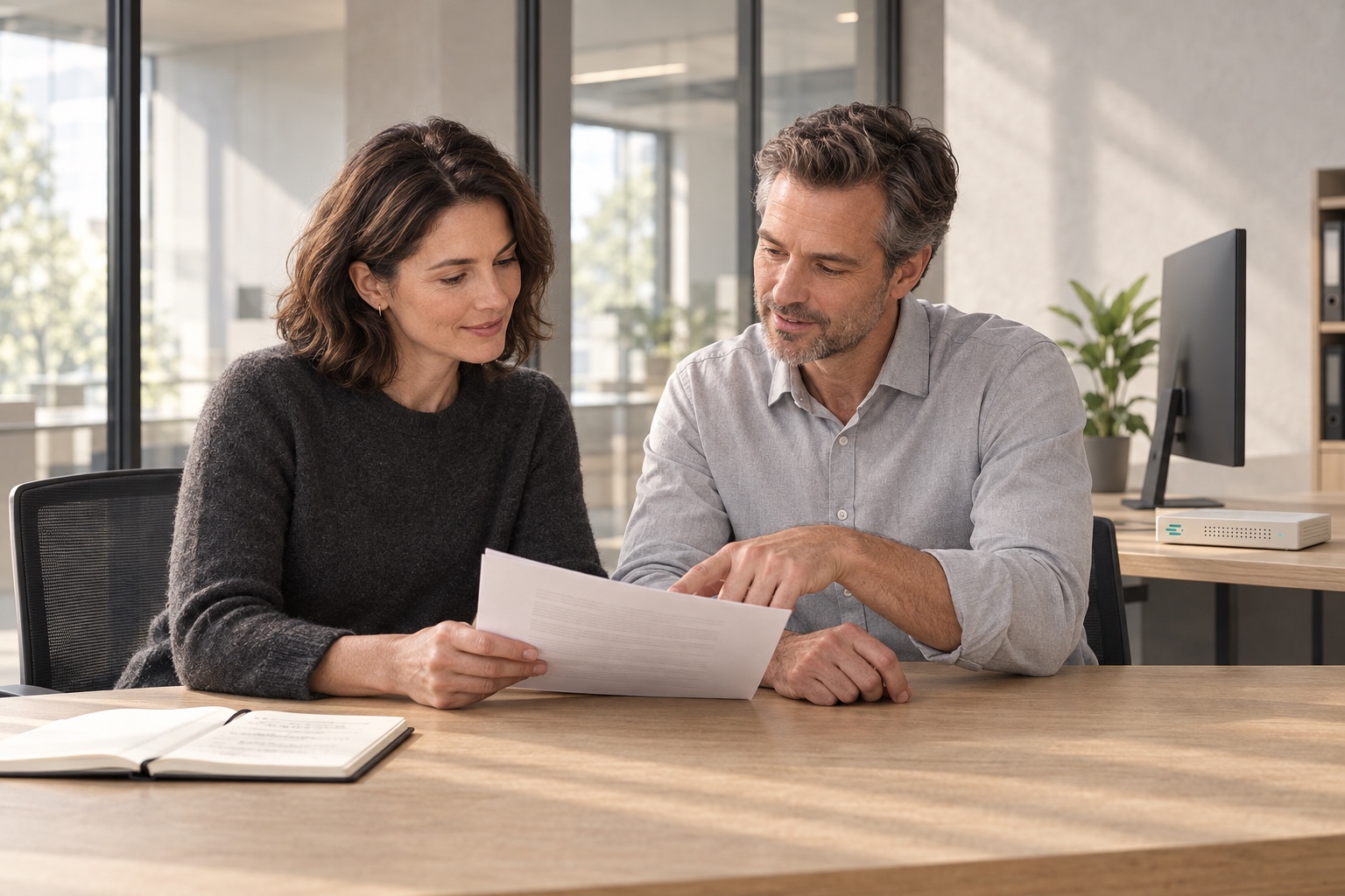 Two colleagues discuss a document in a calm, bright office.